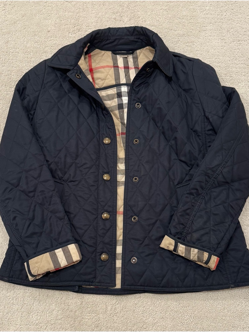 Burberry Navy Quilted Jacket with Signature Check Trim